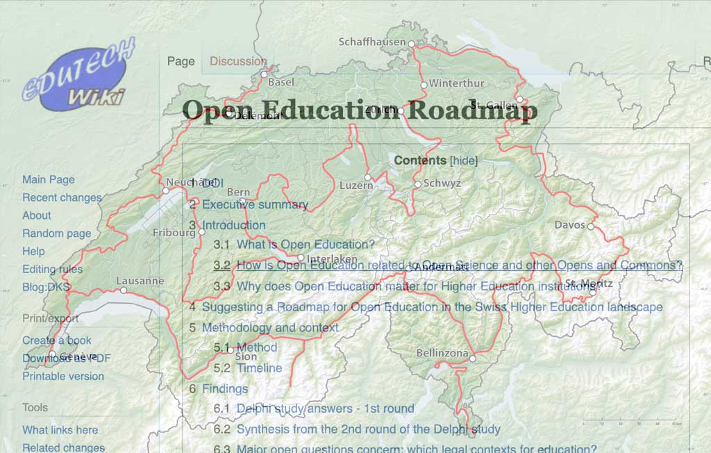 Screenshot of the Open Education Roadmap wiki site atop a road map of Switzerland