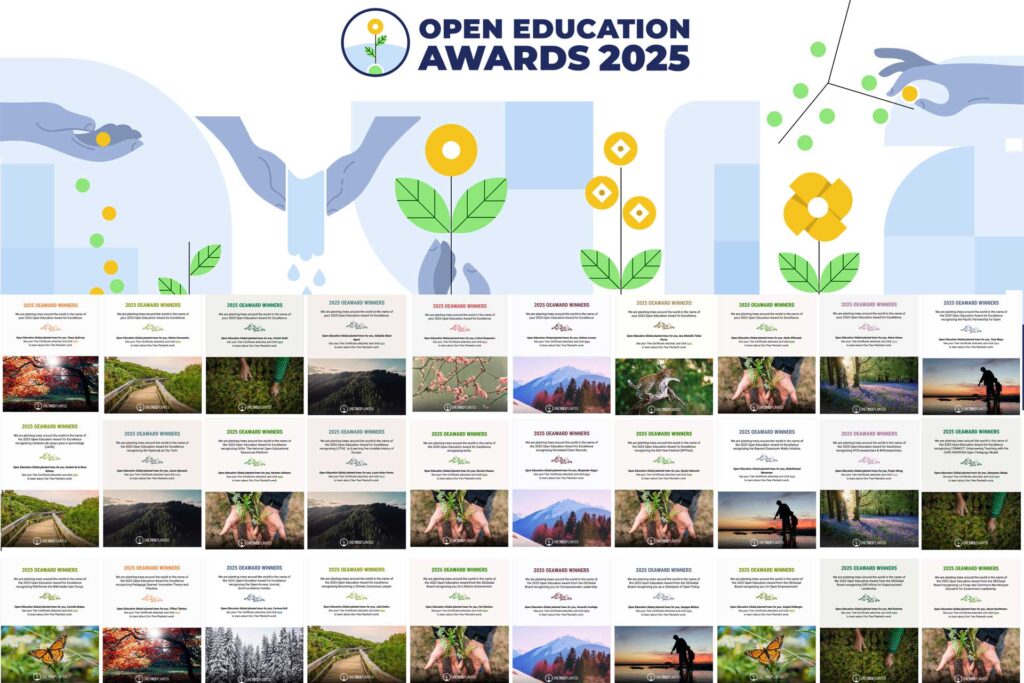 A graphic banner for the Open Education Awards 2025 with drawins of hands planting seeds and flowers growing. Below us a grid of announcement cards to all award winners.