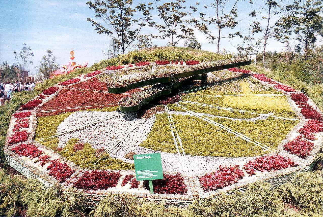 A lrge round garden bed of flowers tilted upward, with flowers planted like marks on a clock.