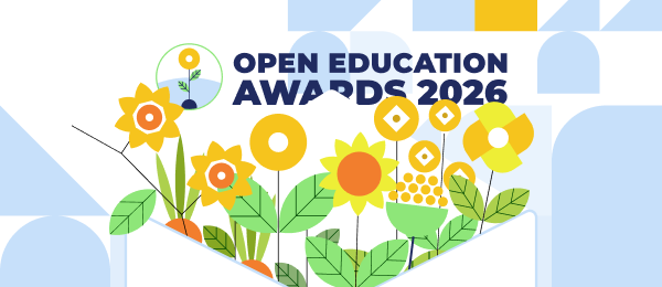 Colorful graphic for Open Education Awards 2026 over geometric shapes of plants, flowers, leaves.