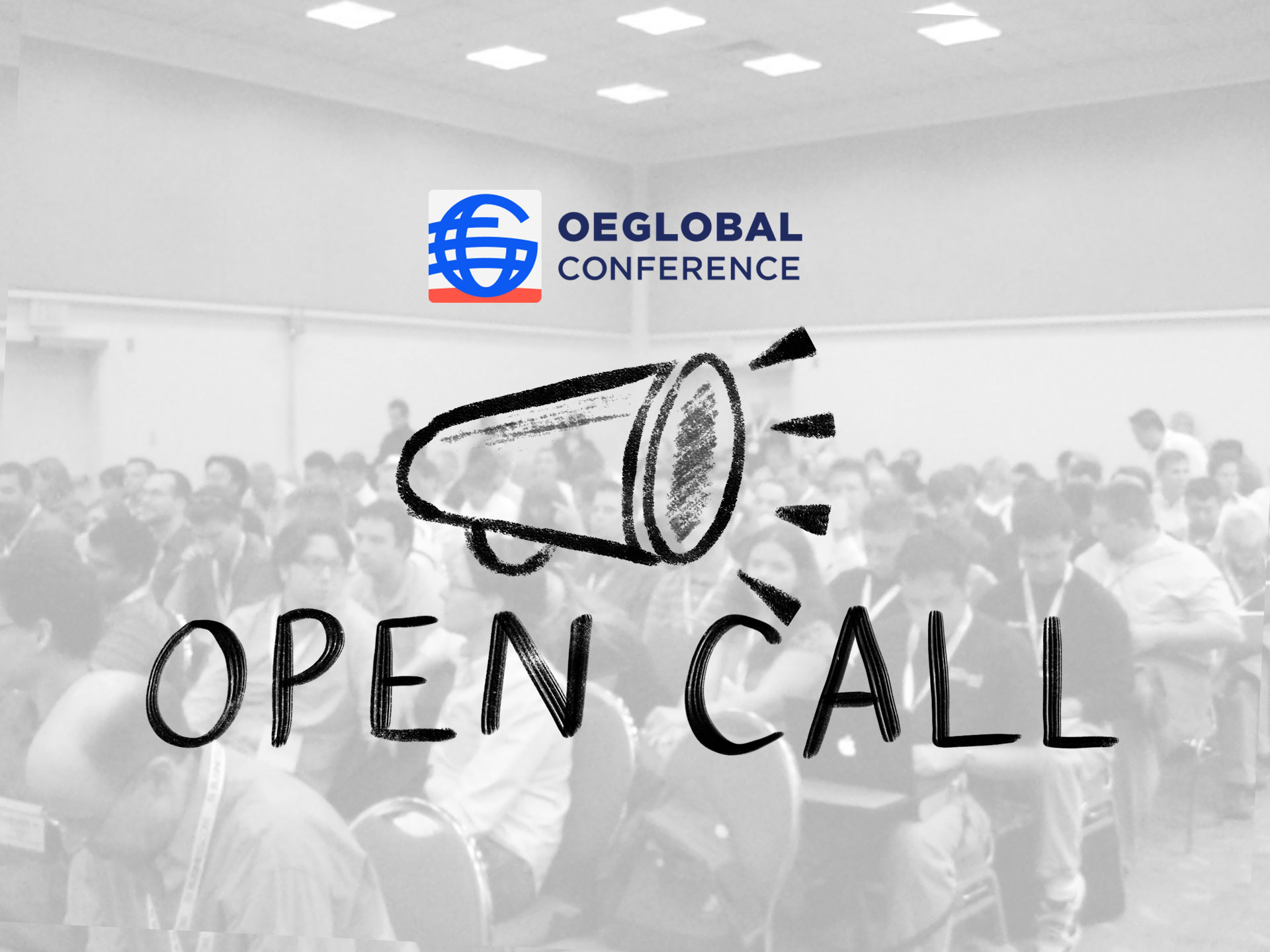 Photo by TopRank Marketing via Flickr CC-BY, graphics and white overlay of an illustrated megaphone with the words "Open Call" added by Mario Badilla.