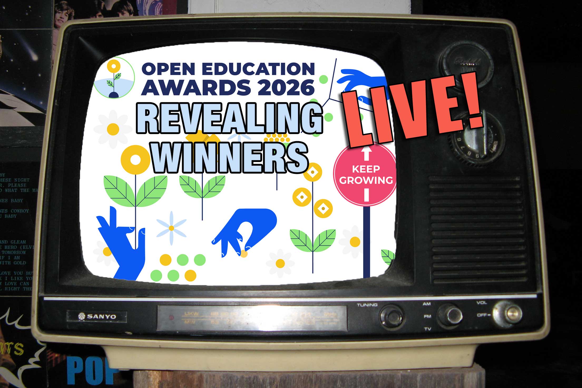 Open Education Awards 2026 Revealing Winners Live banner inserted inside an old fashioned television set.